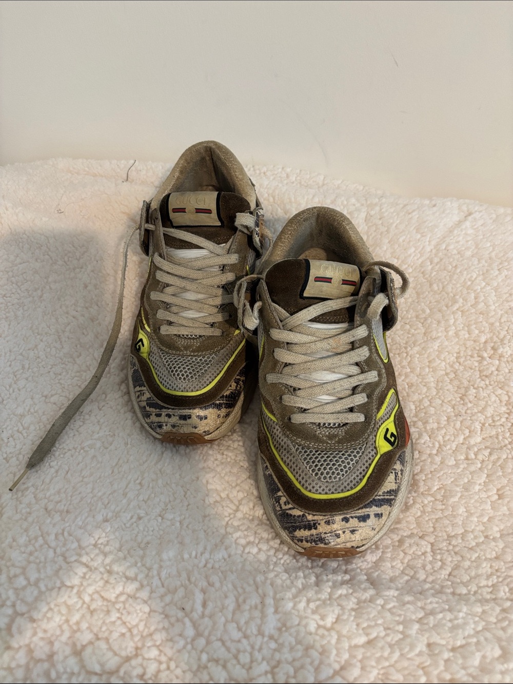 Gucci Women Brown Sneakers with Yellow-Green Accents